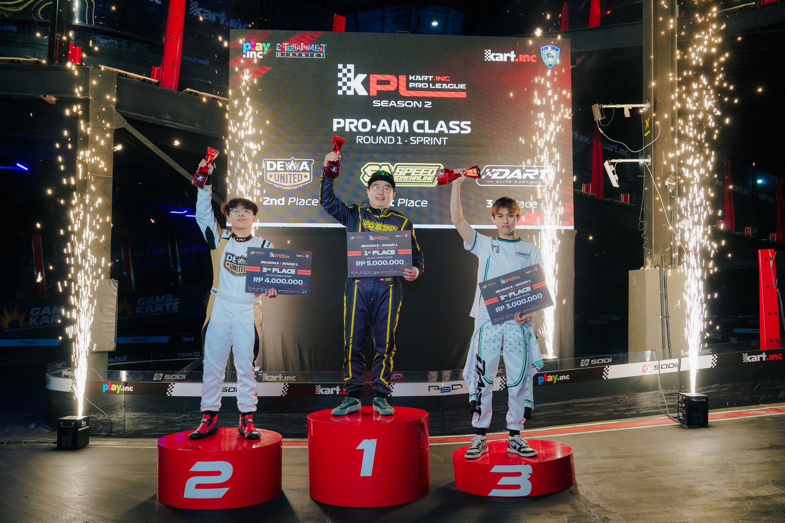 Kart.inc Pro League Season 2 Round 1 Pro-Am Sprint podium, Faith on the right in 3rd for DART